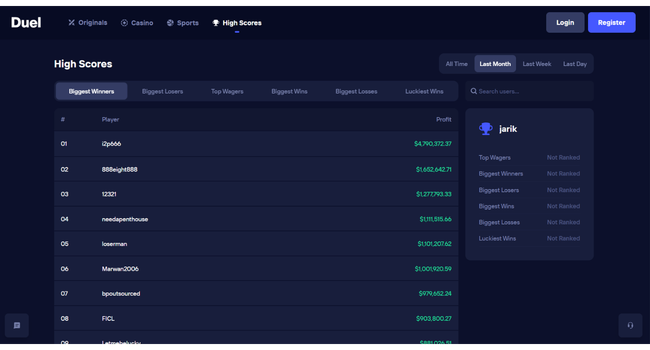 Duel casino leaderboard with cash prize