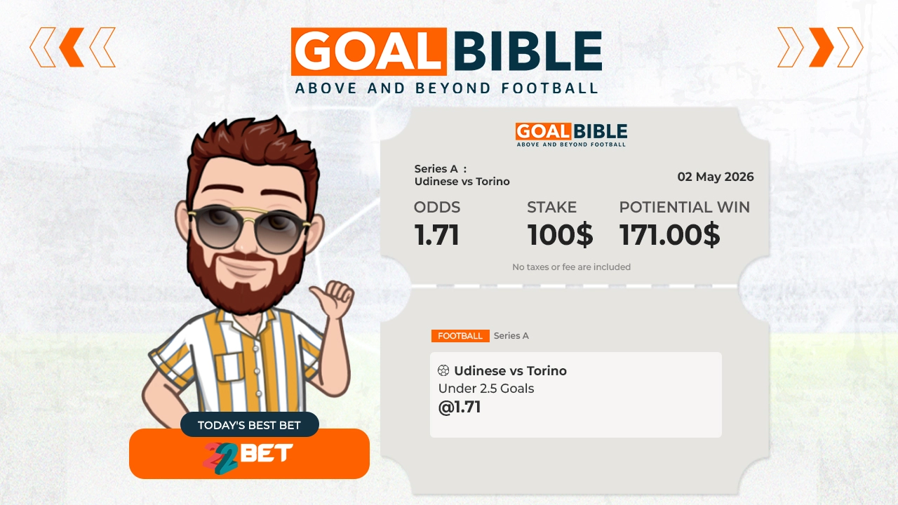 Serie A Udinese vs Torino best & free betting tips with 22Bet by GoalBible.