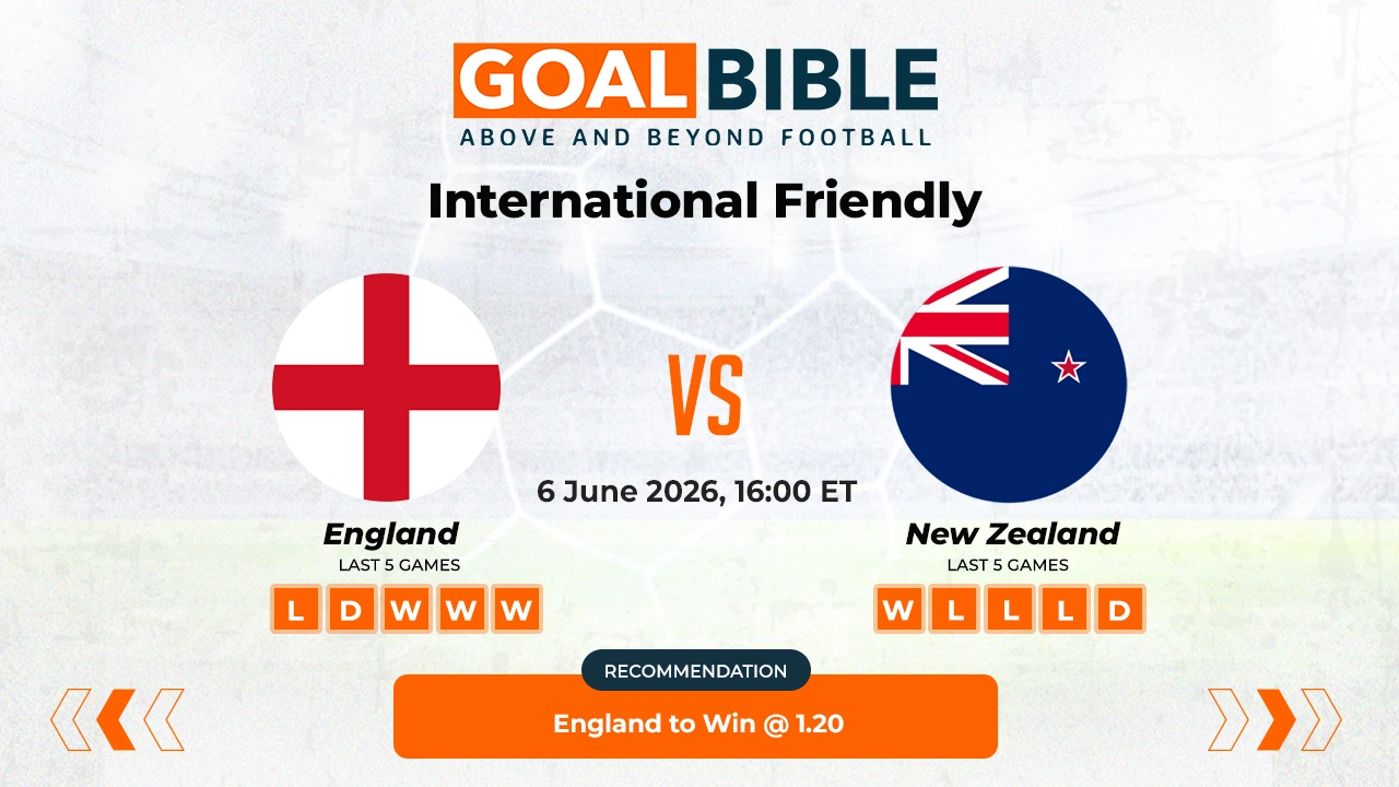 England vs New Zealand International Friendly Best and Free Prediction Odds and Stats by GoalBible.
